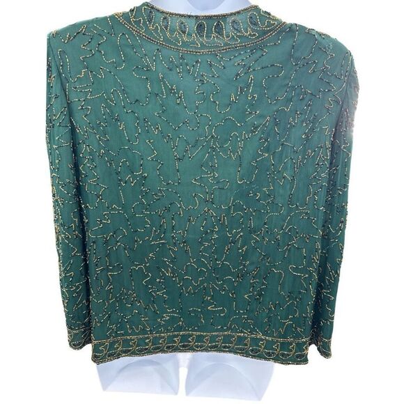 Vintage JMD New York Beaded Jacket Green Gold Black Open Front Top Size Large - Picture 6 of 12